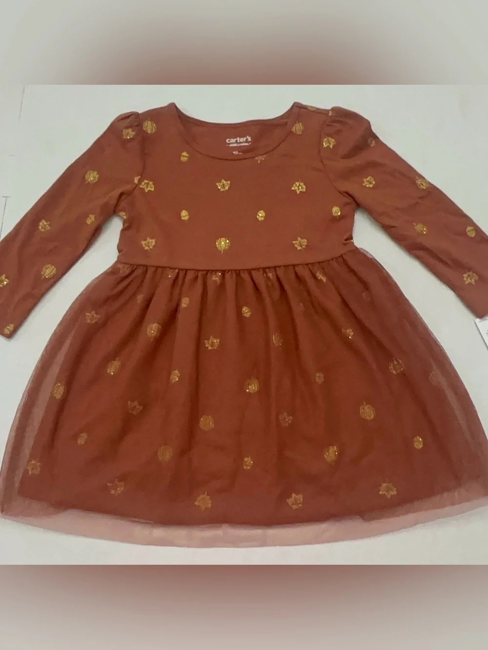 Carter's Girls Long Sleeve Brown Fall Dress with Gold Leaf Print Size 18 Months